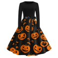 thumbnail image 2 of Halloween Dresses for Women Ghost 1950s Long Sleeve Fall Swing Dress Bat Hepburn Crew Neck Funny Dresses with Belt 2XL, 2 of 5