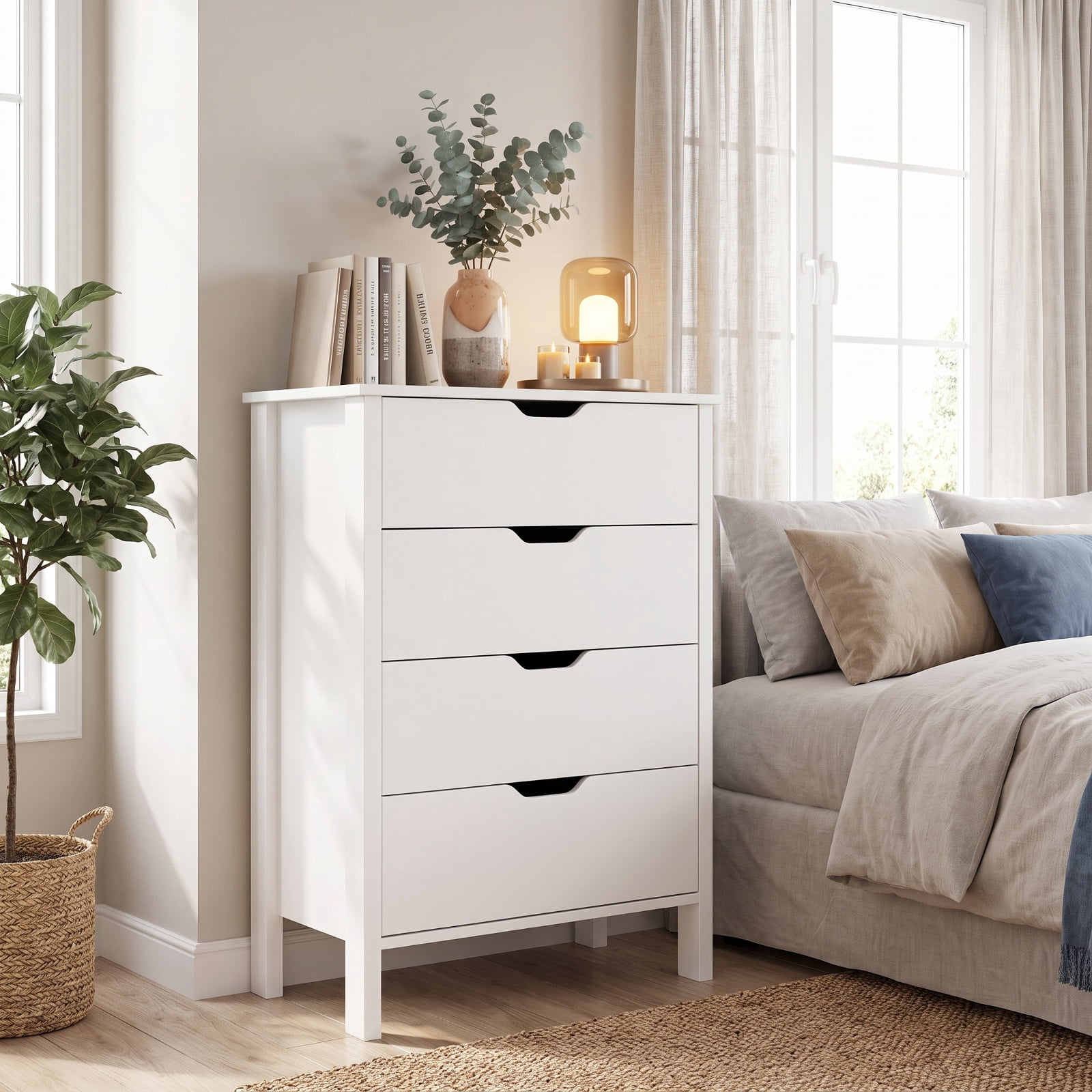 Furnibear 4-Drawer Dresser Wooden Nightstand with Anti-Tipping Kits for Bedroom Closet Living Room Nursery Clothes Storage, White