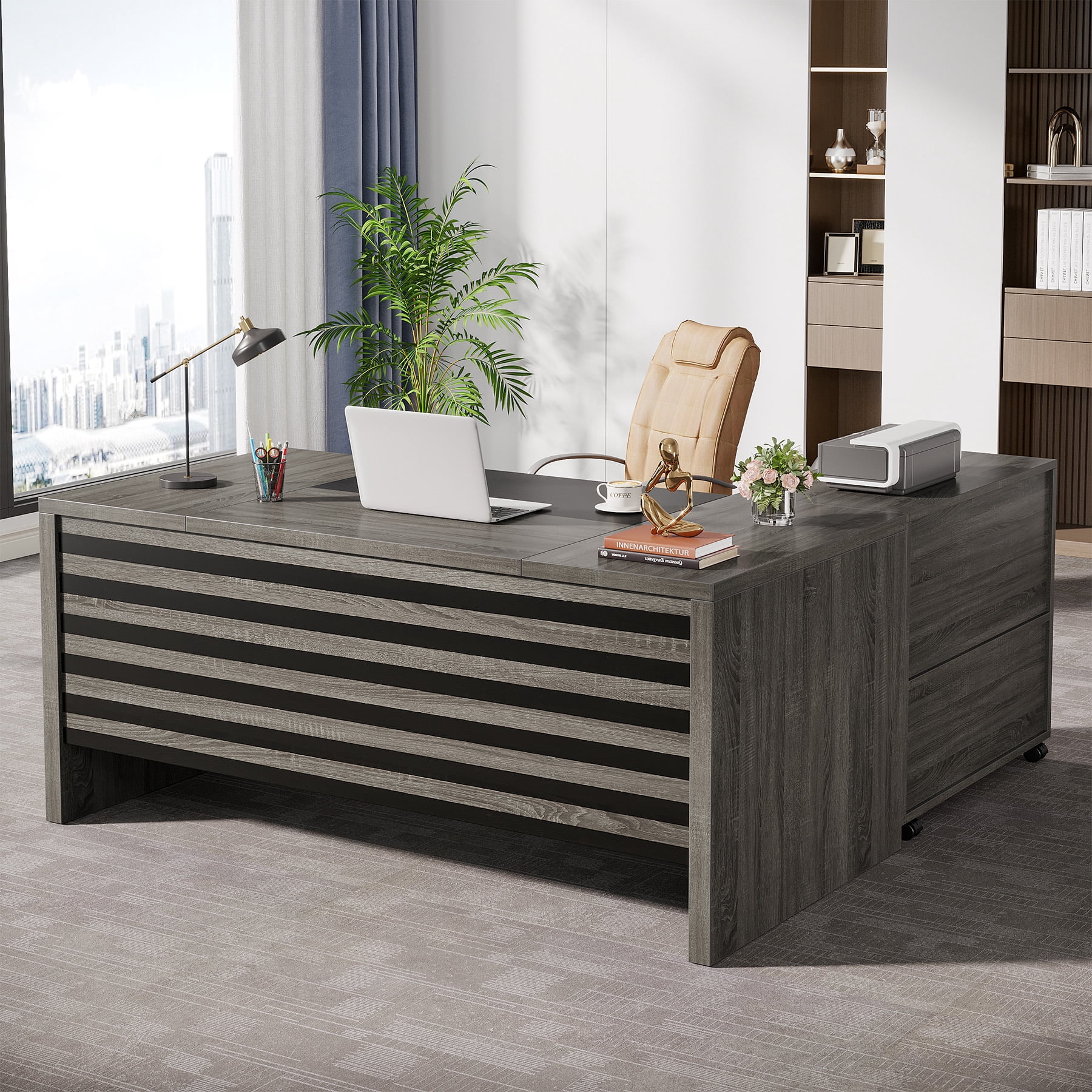 62.2" Executive Desk with Mobile File Cabinet, L-Shaped Office Desk with Storage Shelves, Gray