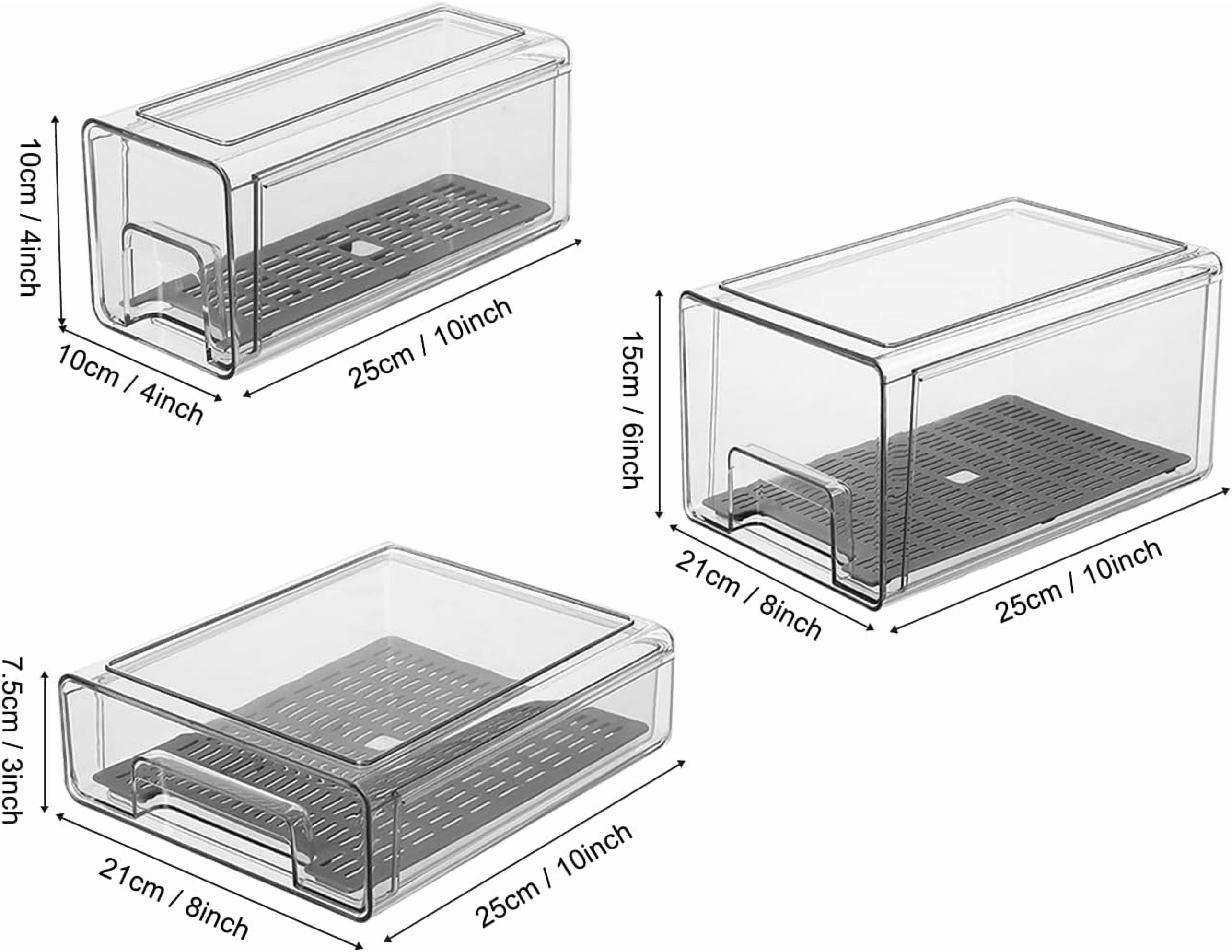 Pull Out Clear Fridge Organizer Drawers with Drainer, Refrigerator Stackable Storage Bins for Kitchen Fruit & Veggie Organization (2PCS, Medium)