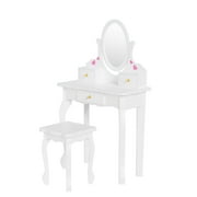 JOYMOR Kids Vanity Table and Stool Makeup Dressing Set w/ Mirrors & 3 Drawers, White