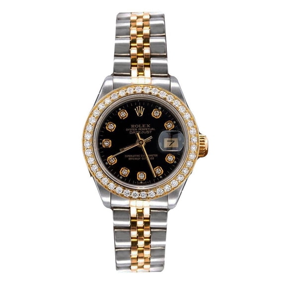 Pre-Owned Rolex Datejust 26MM 69173 Black Diamond Dial Diamond Bezel Two Tone Yellow Gold Jubilee Bracelet 0.9ct