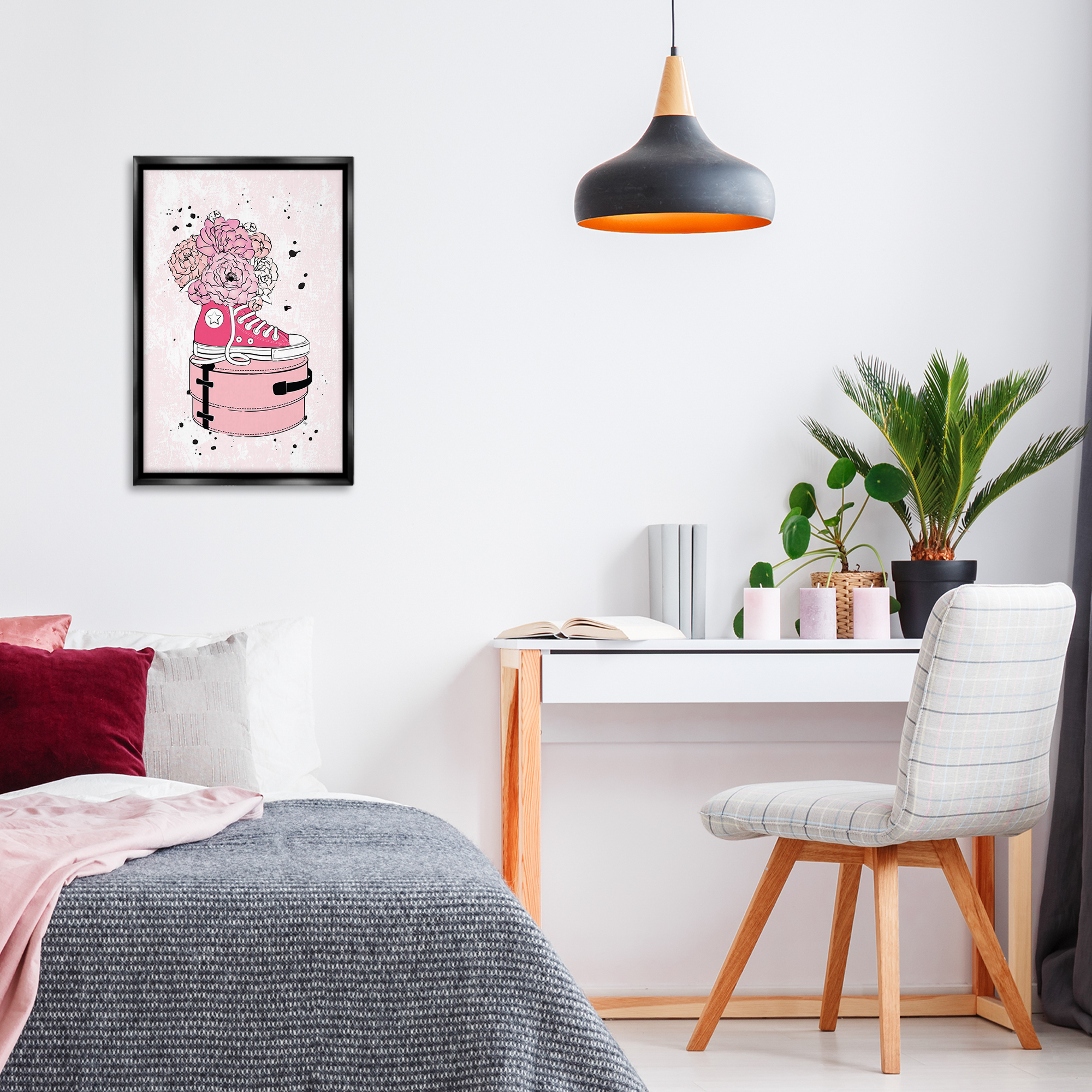 Stupell Industries Pink Floral Sneaker Beauty & Fashion Painting Black Floater Framed Art Print Wall Art, 17 x 25