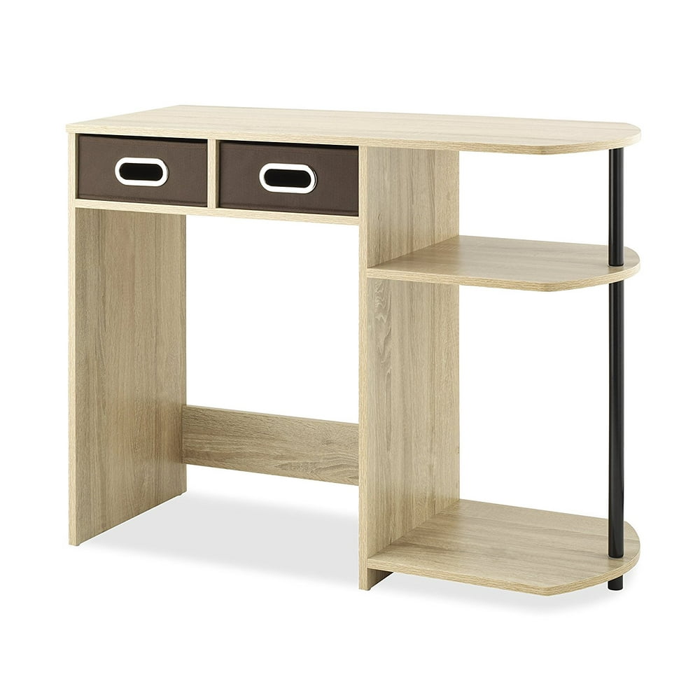 Computer Writing Desk with Side Shelves & Removable Bins, Natural