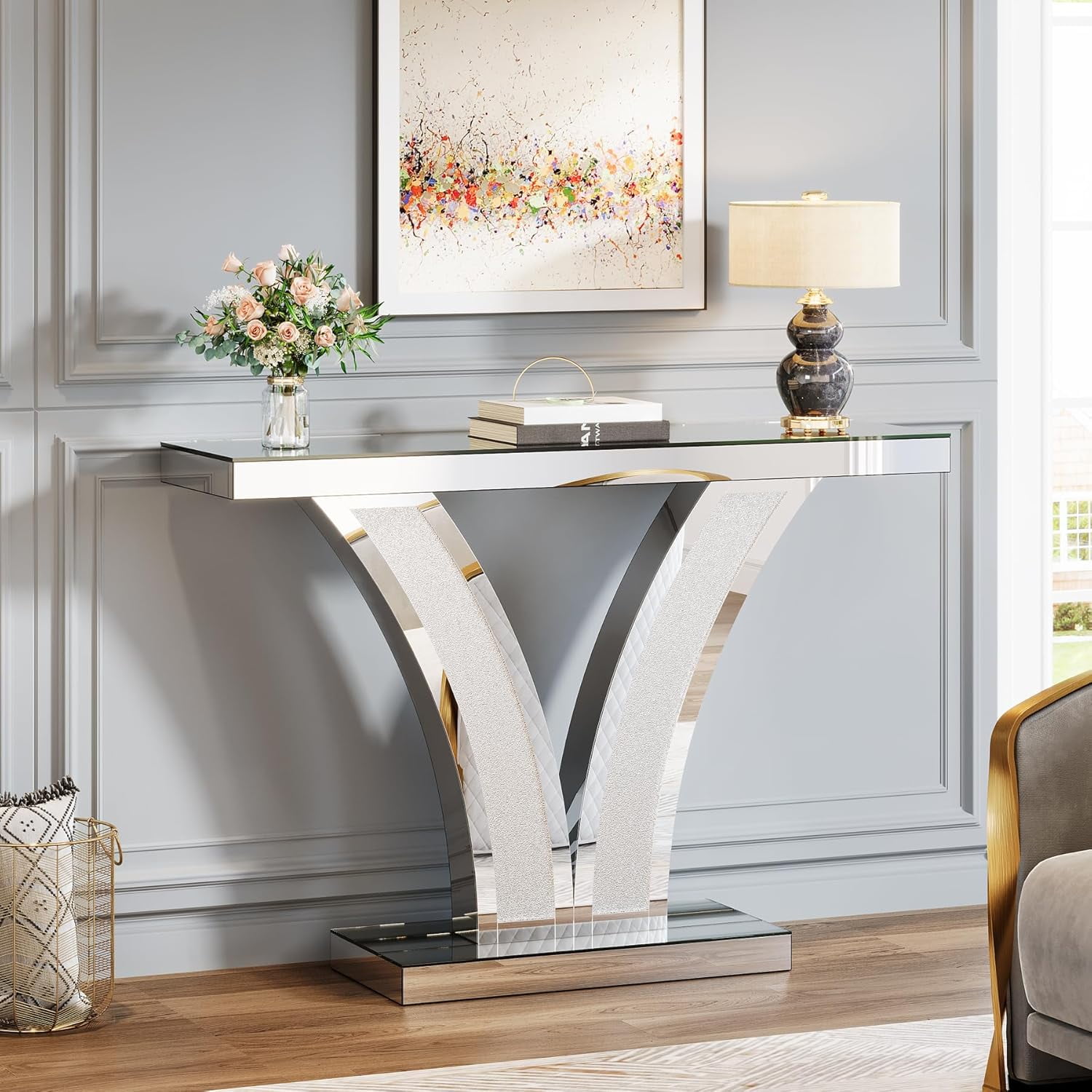 Tribesigns Mirrored Console Table, Modern Sliver Entryway Sofa Table with Crystal Inlay Frames for Living Room, Hallway, Foyer