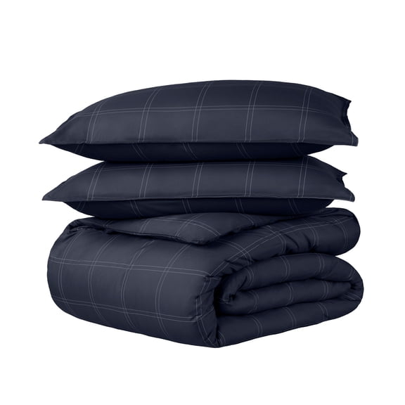 Bare Home Luxury Duvet Cover and Sham Set - Premium 1800 Collection - Ultra-Soft - Full, Modern Plaid - Midnight Blue/White, 3-Pieces