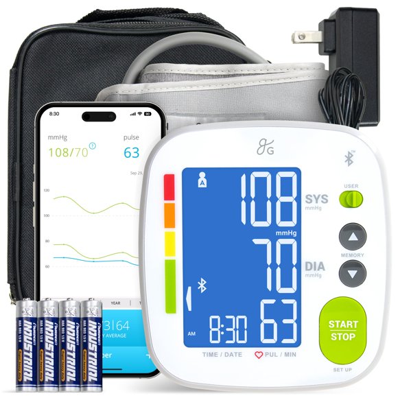 Tensiómetro Bluetooth Greater Goods, tensiómetro de brazo con brazalete ajustable de 8,7 a 16,5 pulgadas, compatible con aplicaciones iOS y Android, portátil con estuche de transporte.