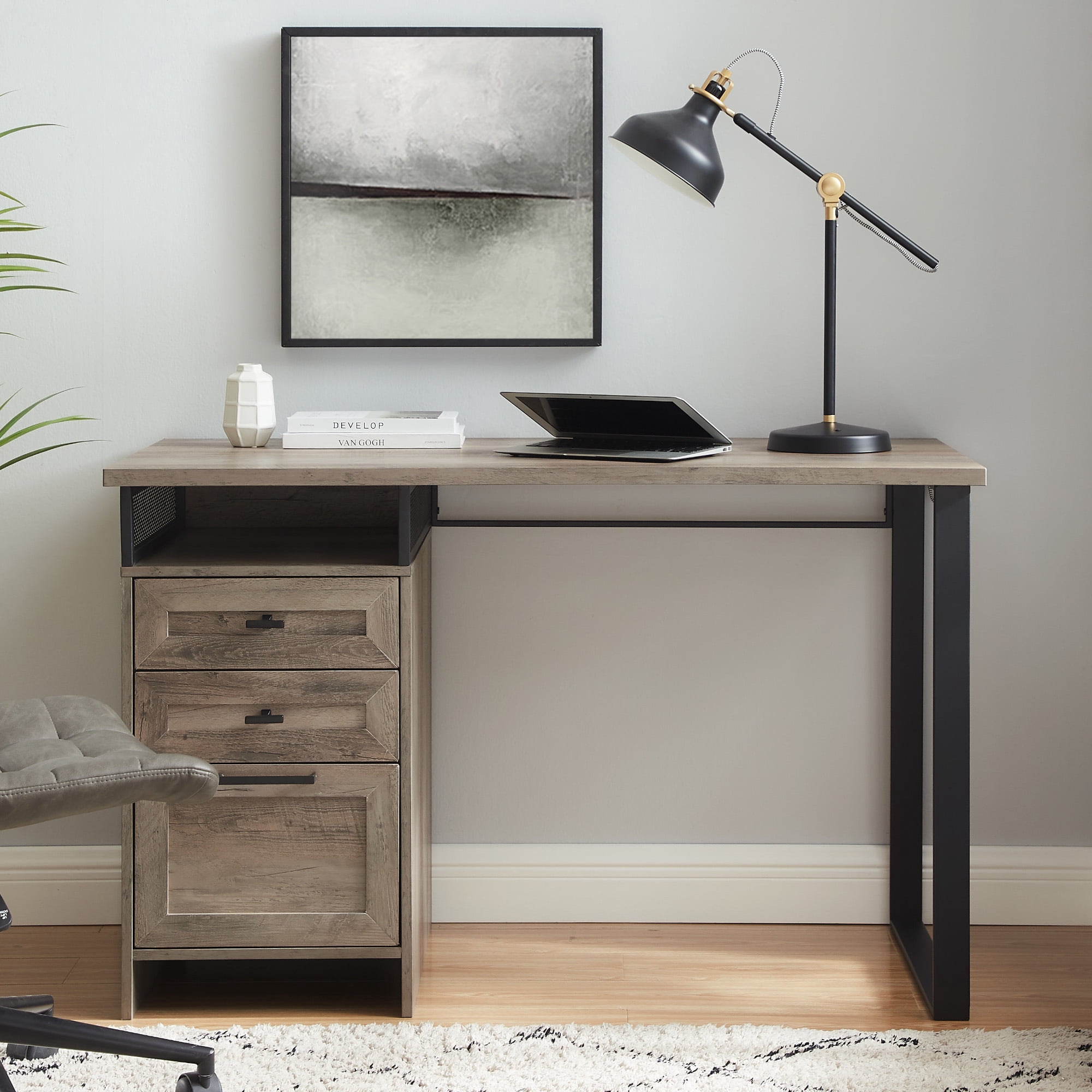 Manor Park Urban Industrial Storage Writing Desk, Grey Wash