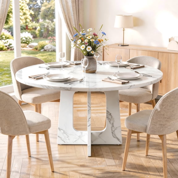 Round Dining Table for 4-6, PAPROOS 47''Large Kitchen Table, Dining Room Table with Marble-Color Wood Tabletop & Cross Base, Circle Dining Dinner Table for Kitchen Dining Room, White(Only Table)