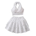 thumbnail image 2 of Girls 2-Piece Outfit Polka Dots Halter Neck Crop Top & Tiered Ruffle Skirt Set Cute Casual Summer Clothes for Kids White 9-10 Years, 2 of 6
