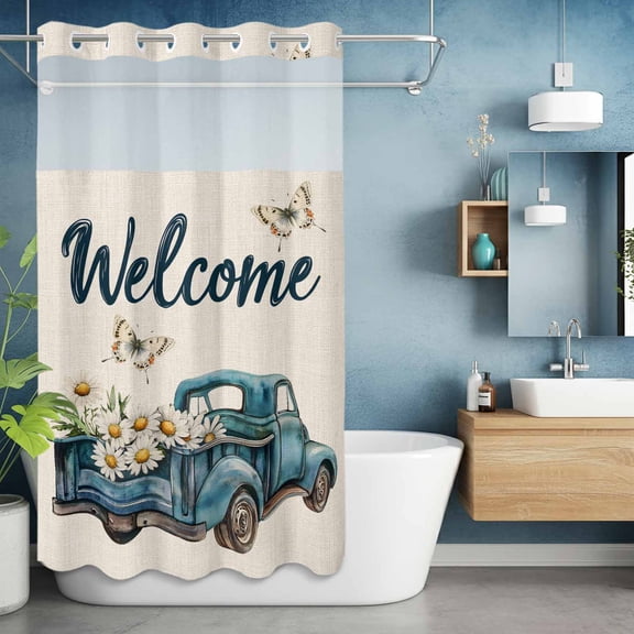 No Hook Shower Curtain with Snap in Liner, Farm Blue Truck Daisy Flower Butterfly Waterproof Bath Curtain Double Layers with See Through Top Window, Welcome Text on Burlap Shower Curtains 36x72in