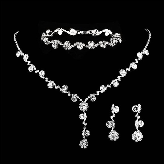 Faty-T Bride Silver Necklace Earrings Set Crystal Bridal Wedding Jewelry Set for Women