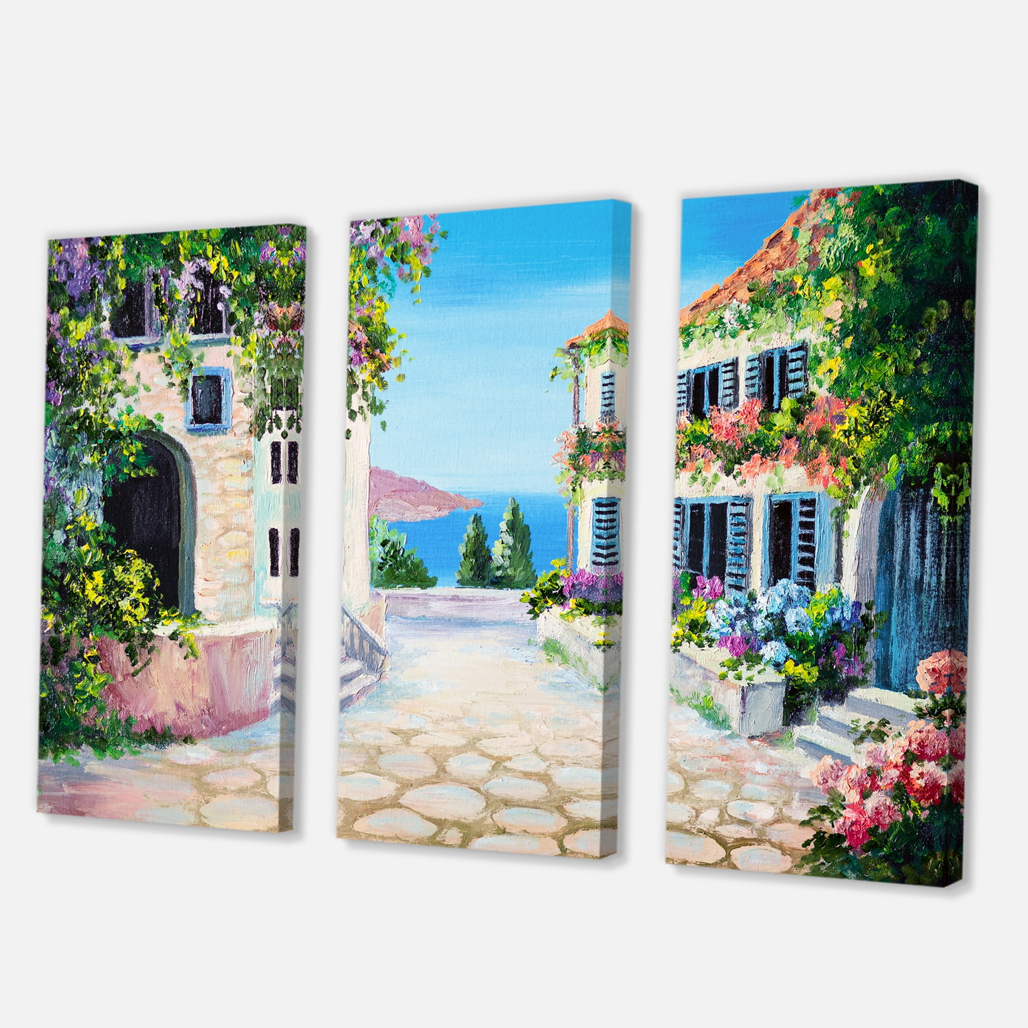 Designart ' Blossoming Flowers With White Houses With Near The Sea ' Nautical & Coastal Canvas Wall Art Print