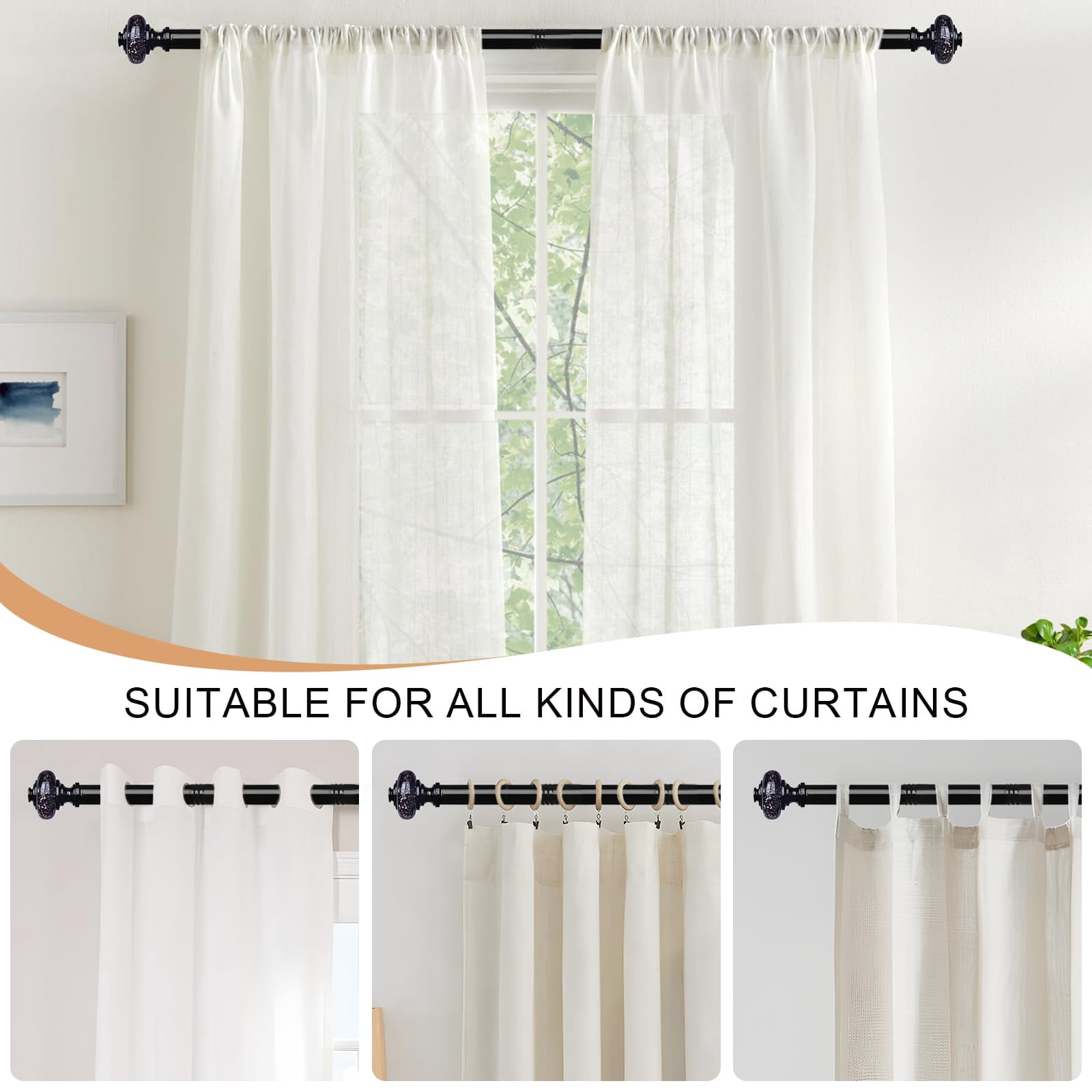 2 Pack Black Crystal Curtain Rods For Windows 30 To 56 Inch  Decorative Vintage 1'' Diameter Rod With Foil Finial Adjustable Heavy Duty Easy Install Drapery Pole Set Farmhouse