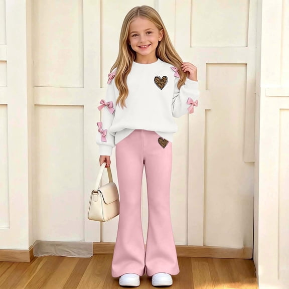 Spazoro Girls Outfit Sets with Bow Decor, Elastic Waist Heart Print Flared Leg Crewneck Long Sleeve Trendy Matching Sweatshirt and Pants 2PC Outfits Beige Size 5-6