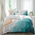 thumbnail image 2 of Teal Green Duvet Cover Set, Geometric Brown White Beach Waves Gradient Soft Duvet Cover Twin Size Bedding Set 4 Pieces, 1 Quiltcover and 2 Pillowcases with Zipper, 1 Bed Sheet for All Seasons, 2 of 9