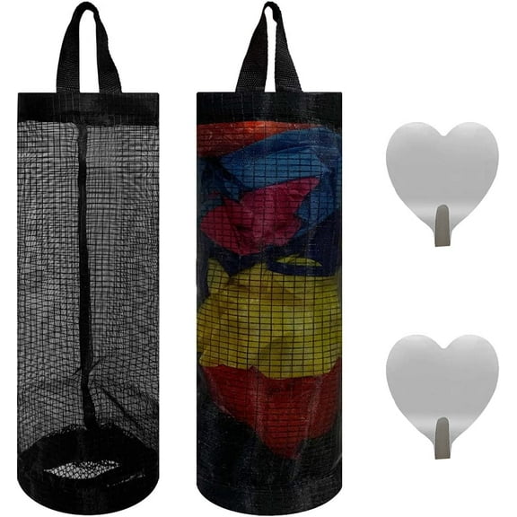 2 Pcs Plastic Bag Holder Trash Bags Storage Dispenser Organizer for Home Kitchen Mesh Hanging Storage Dispensers Recycling Garbage Folding Hanging Storage Bag Grocery Bags Holder with 2 Hooks (Black)