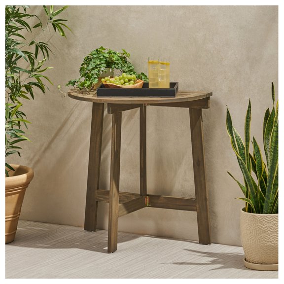 Wood Bistro Table, Half-Round Folding Outdoor Patio Table, Grey Finish - 30.75"W x 18"D Grey   Acacia Wood