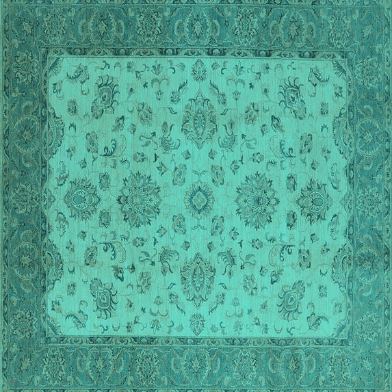 Ahgly Company Machine Washable Indoor Square Oriental Turquoise Blue Traditional Area Rugs, 5' Square
