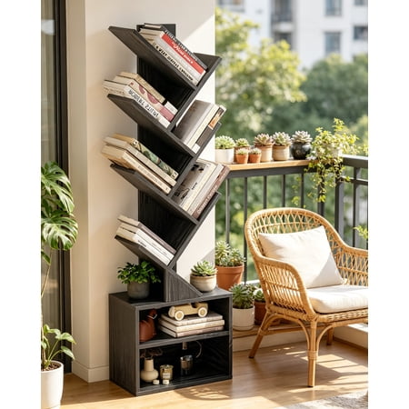 6-Tier Tree Bookshelf, Small Bookcase with Storage Cabinet, Modern Narrow Bookshelf Organizer, Floor Standing Book Shelf for Bedroom Living Room Home Office Corner, Black