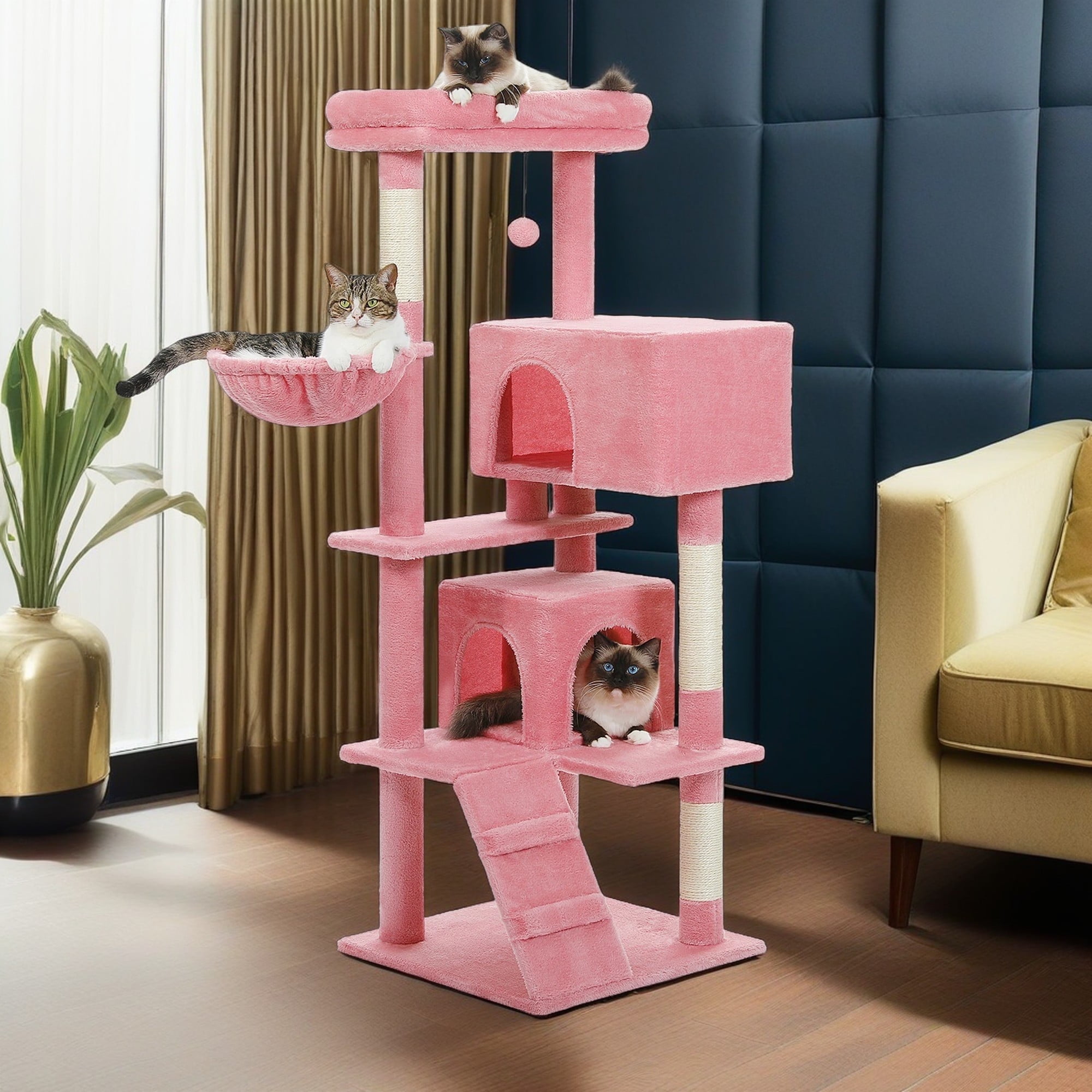 Kadyn 56" Multi-Level Cat Tree Tower for Large Cats with Top Perch, Hammock, Climbing Ladder and 2 Condos, Cat Tree House for Multiple Cats, Dark Gray