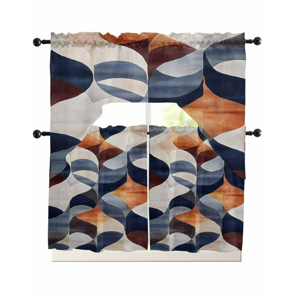 Navy Blue Burnt Orange Kitchen Curtains Sets 36 Inch Length with Valance, Retro Geometric Abstract Swag Valances and Tiers Curtain Set Drapes Swag Curtains for Living Room, Bathroom, Bedroom, Cafe