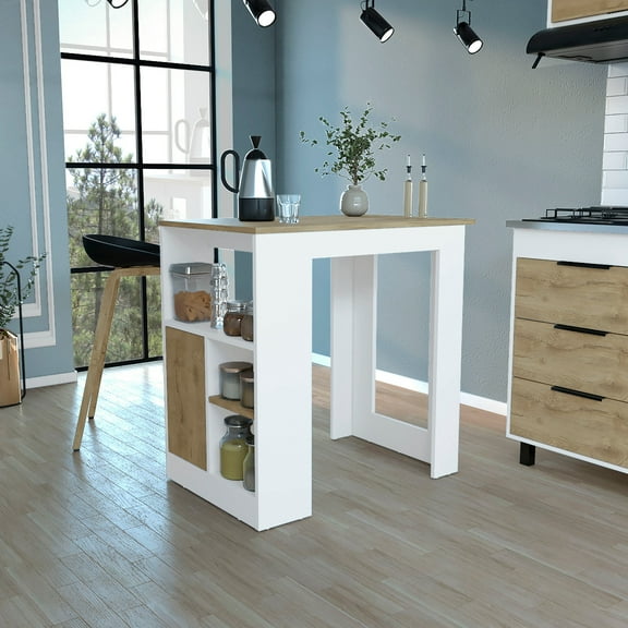 Dtwnek Wood Kitchen Island with Side Shelve and Cabinet, White