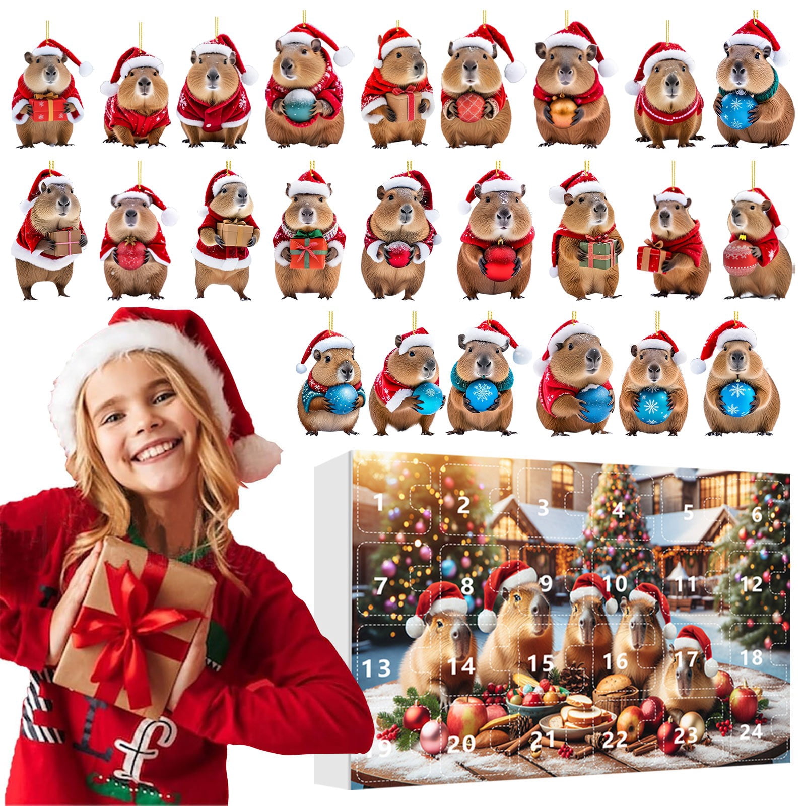 Ensemble d'Ornements de Noël 2D pour la Maison, Calendrier de l'Avent de Noël 2024, Ensemble d'Ornements Mignons 2D de Noël, Ensemble de Décorations pour Arbre de Noël (24 Pcs) C