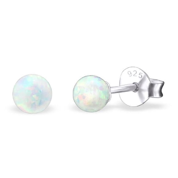 White Synthetic Opal Bead Stud Earrings 925 Sterling Silver