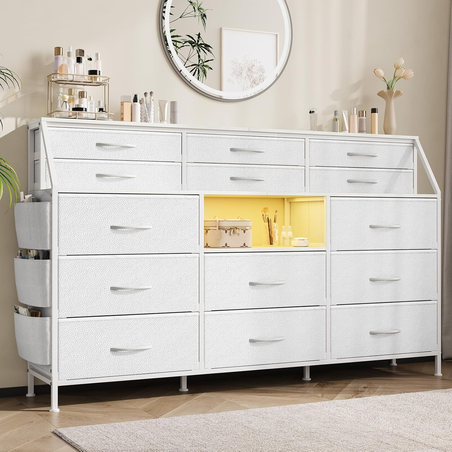 Dresser for Bedroom with 14 Drawers, 55" W Dresser with Side Pocket, Fabric Dressers & Chests of Drawers with Shelves, Sturdy Frame, Wood Top