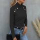 thumbnail image 3 of Camisa de manga larga con cuello alto para mujer, ajustada, Color sólido, con botones, cuello alto, manga larga, Top acanalado, negro, XXL, 3 of 6