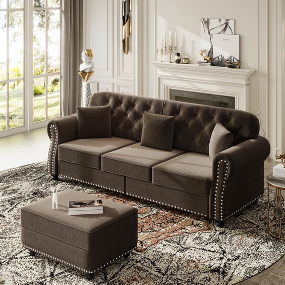 Noble House Kieran 3-Seater Velvet Chesterfield Sofa, Modern Tufted Armchair with Nailhead Trim and Ottoman, Brown