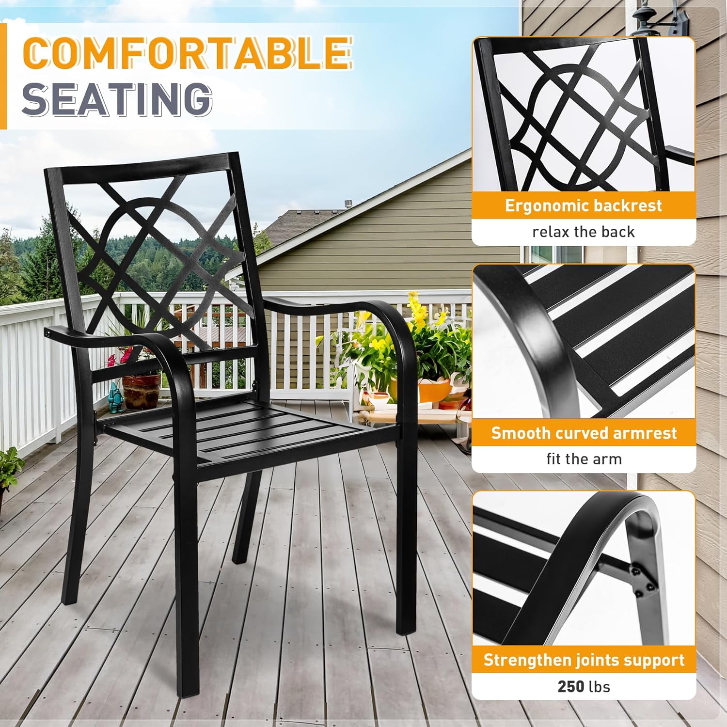 SUNCROWN 4 Pieces Wrought Iron Chairs Outdoor Dining Chairs Patio Metal Stack Chair for Backyard Garden