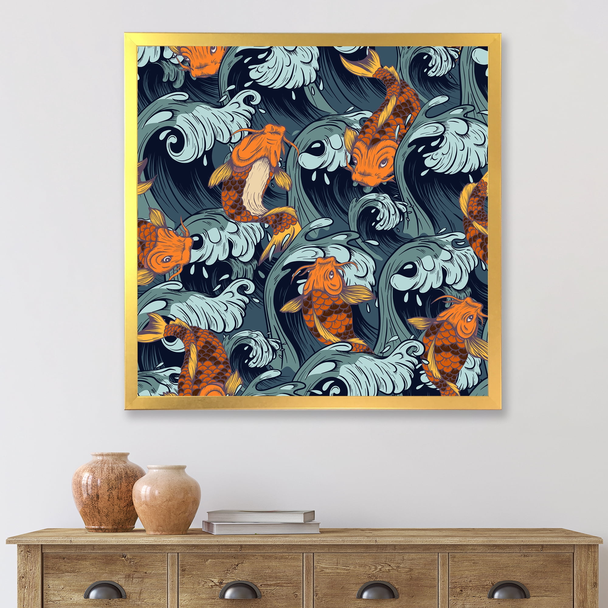 Designart 'Japanese Koi Fish on Sea Waves' Nautical & Coastal Framed Art Print