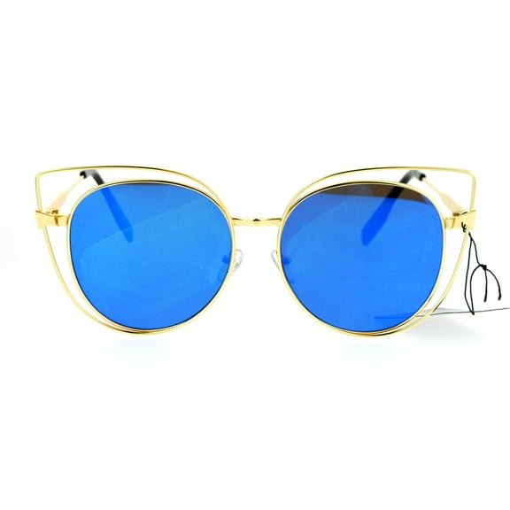 SA106 Color Mirror Flat Lens Wire Rim Large Cat Eye Sunglasses Gold Blue