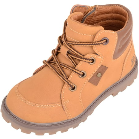 ABSOLUTE FOOTWEAR Childrens Kids Infants Slip On Lace Up Inside Zip Walking Hiking Sturdy PU Boots Shoes - Tan - US Infant 5
