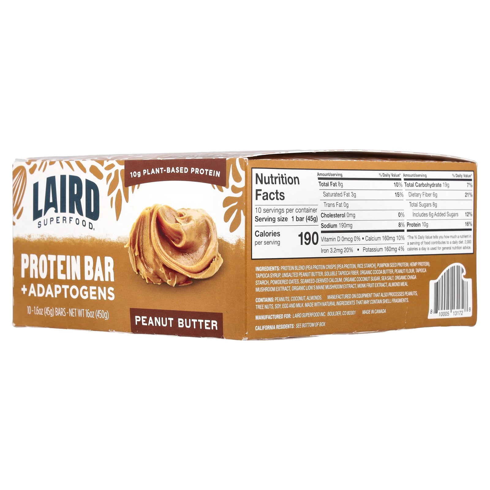 Laird Superfood Protein Bar + Adaptogens, Peanut Butter, 10 Bars, 1.6 oz (45 g) Each