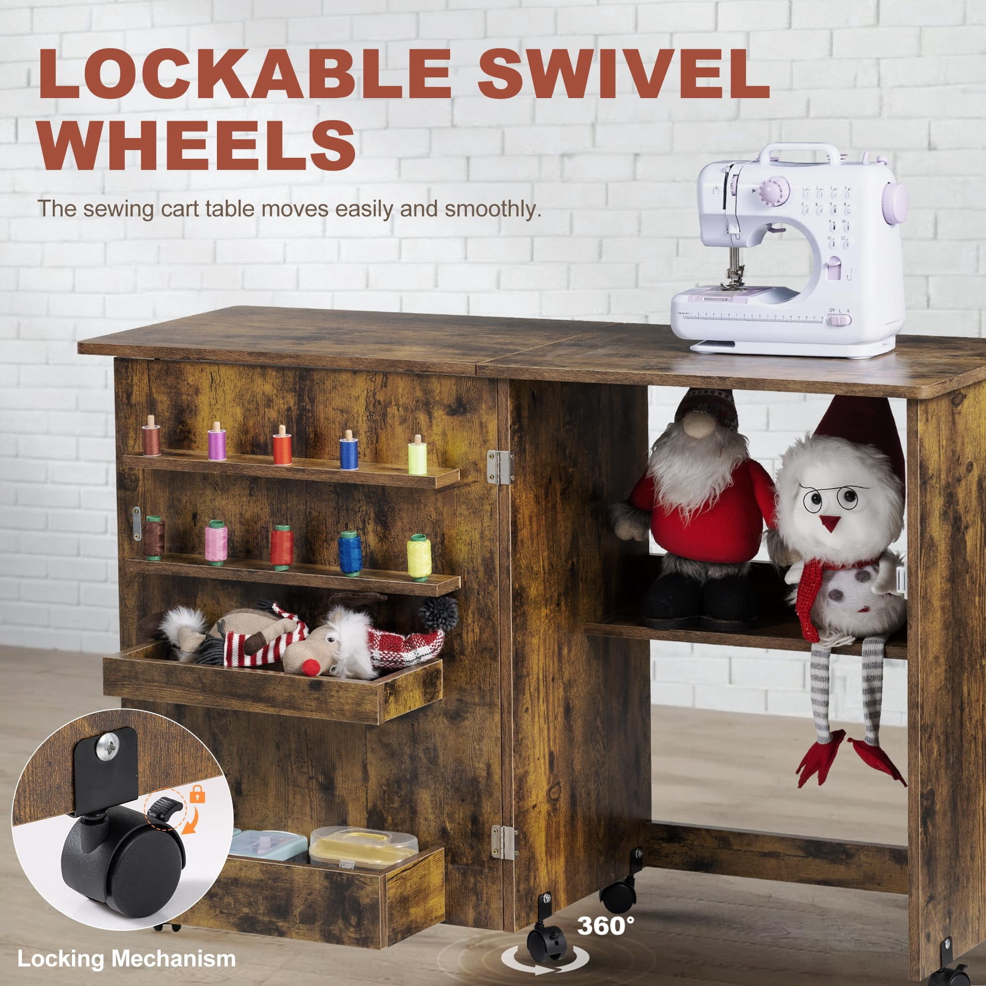Vividwood Folding Sewing Table, Multipurpose Sewing Machine Table with Compact Design, Wheels, Shelves, Bins, Pegs, Magnetic Locks (Rustic-Brown)
