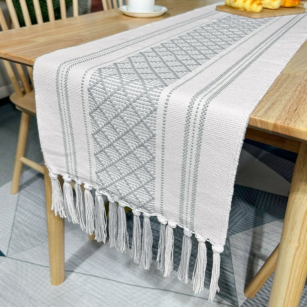 Nvzi Mantel de lino y algodón con borlas hecho a mano, mantel para mesa de té, mantel para mesa de té, mantel para mesa de té (gris, 120 * 35 cm)