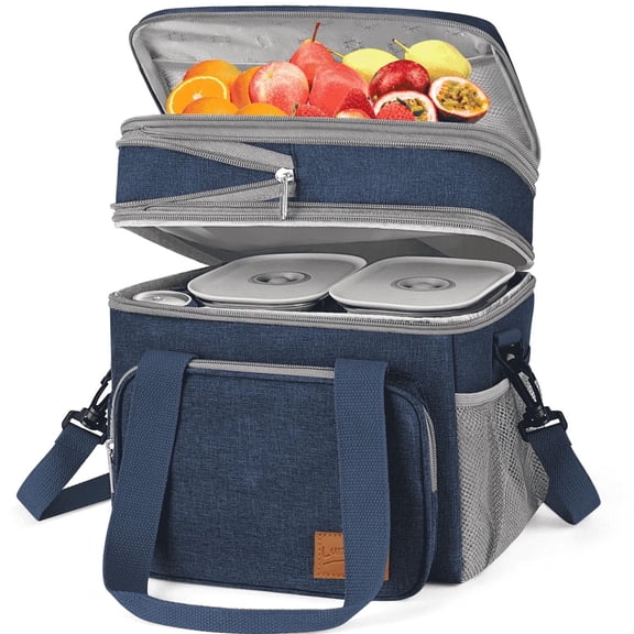 17L Expandable Insulated Lunch Box Bag for Women/Men, Leak-Proof & Freezer-Safe, Double Deck Design with Adjustable Shoulder Strap & Side Pocket for Work, Camping, Picnic, Beach, Blue
