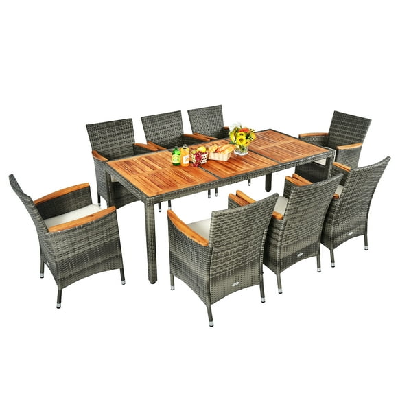 Topbuy 9PCS Patio Rattan Furniture Dining Set Acacia Wood Table Cushioned Chair for Outdoor