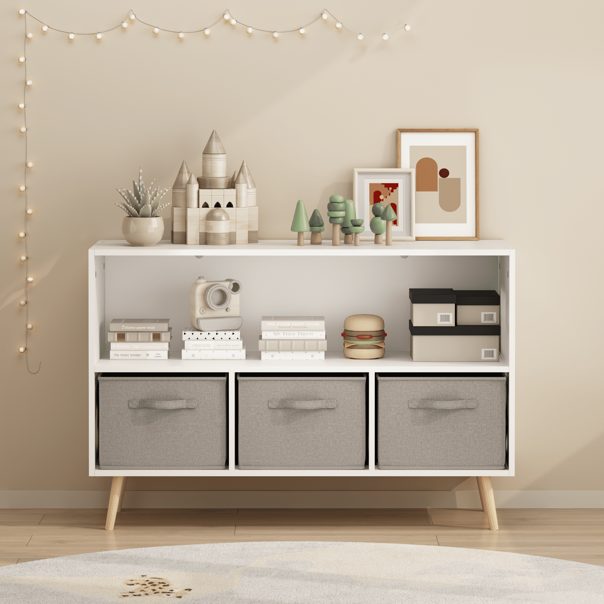 Kids bookcase with Collapsible Fabric Drawers, Children's Book Display, Toy Storage Cabinet Organizer, White/Gray