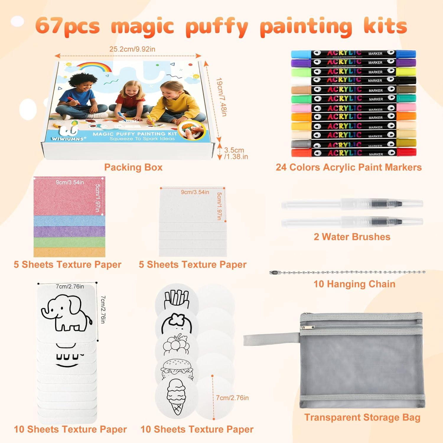 Magic Foam Texture Painting Kit for Kids Ages 6-10, 67-Piece 3D Puffy Art Set with 30 Foam Sheets, 24-Color Acrylic Markers, 2 Water Brushes and Storage Bag