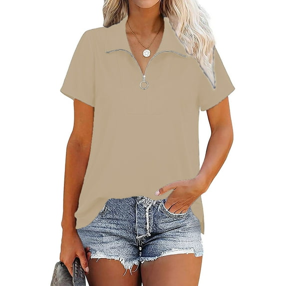 Gvmfive Women V Neck Solid Casual Tops Short Sleeve Zipper Blouse