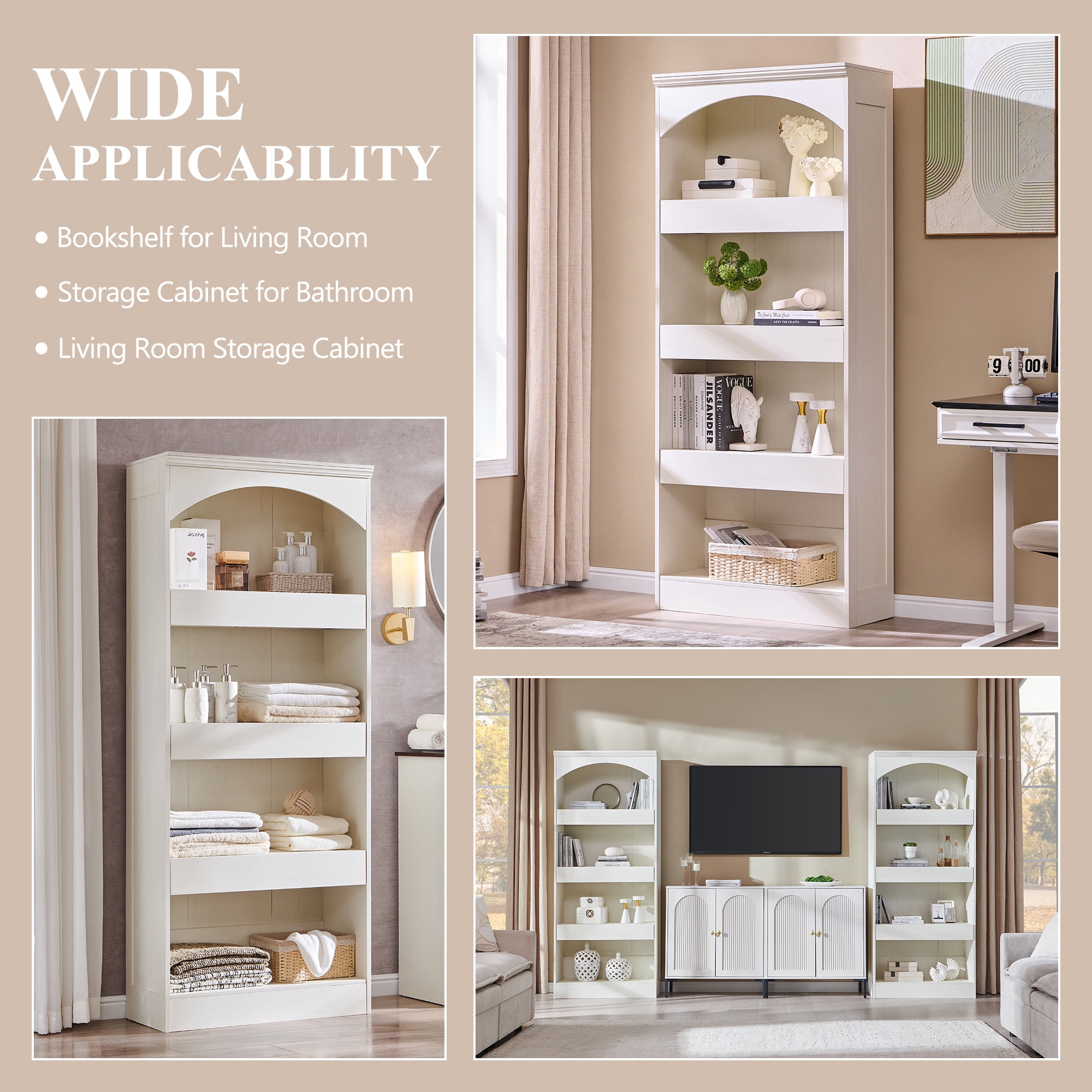 SinCiDo 76" Tall Arched Bookcase w/Hidden Magnetic Lock Drawer at the Bottom, 4-Tier Large Open Bookshelf w/3 Pull-Out Drawers for Living Room, Office
