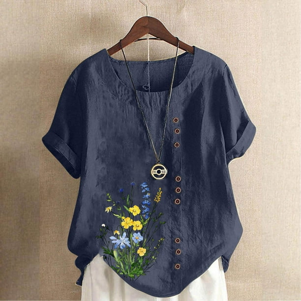 TaTaai Casual Printed Button Blouse, Women's Short Sleeve Linen Feel T-Shirt, Comfortable Top for All Seasons Gift