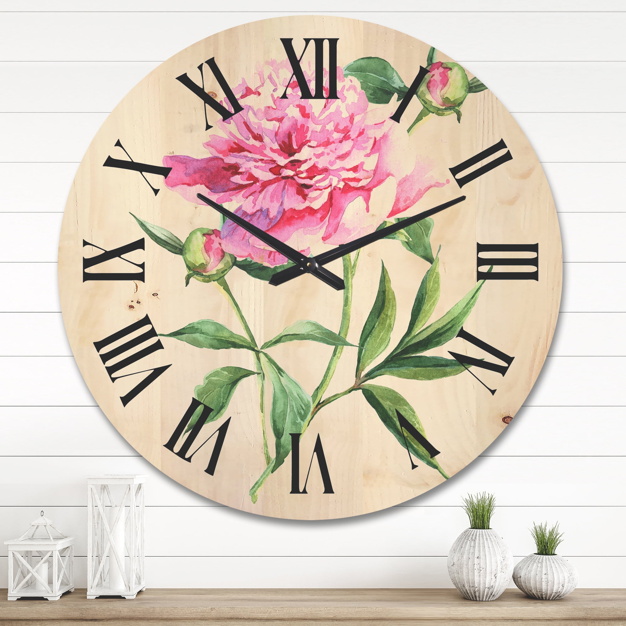Designart 'Ancient Pink Peonies' Traditional Wood Wall Clock
