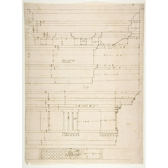 Unidentified, Doric cornice, elevation; Theater of Marcellus, Doric cornice, elevation (recto) Unidentified, cornice, elevation (verso) Poster Print (18 x 24)