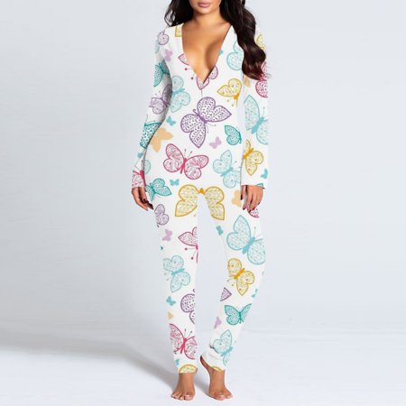 

Cuoff Ladies Casual Long-sleeved Printing Detachable Button Flap Adult Pajamas One-piece