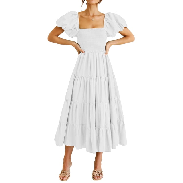 Vestido PRETTYGARDEN Midi con Mangas Abullonadas y Escote Cuadrado Blanco Talla L
